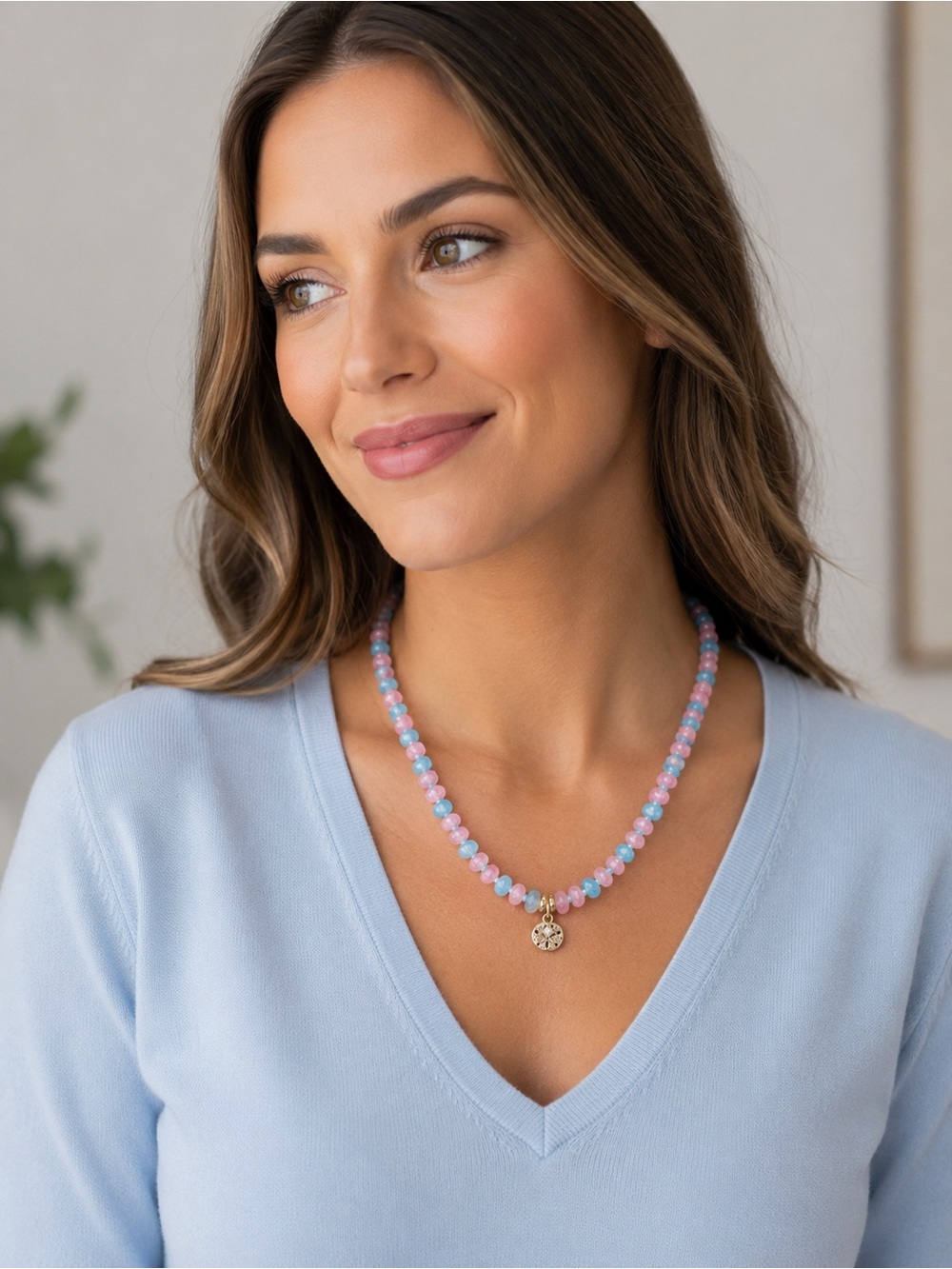 Beachy Pastel Gem Beaded Sand Dollar Charm Necklace with toggle closure